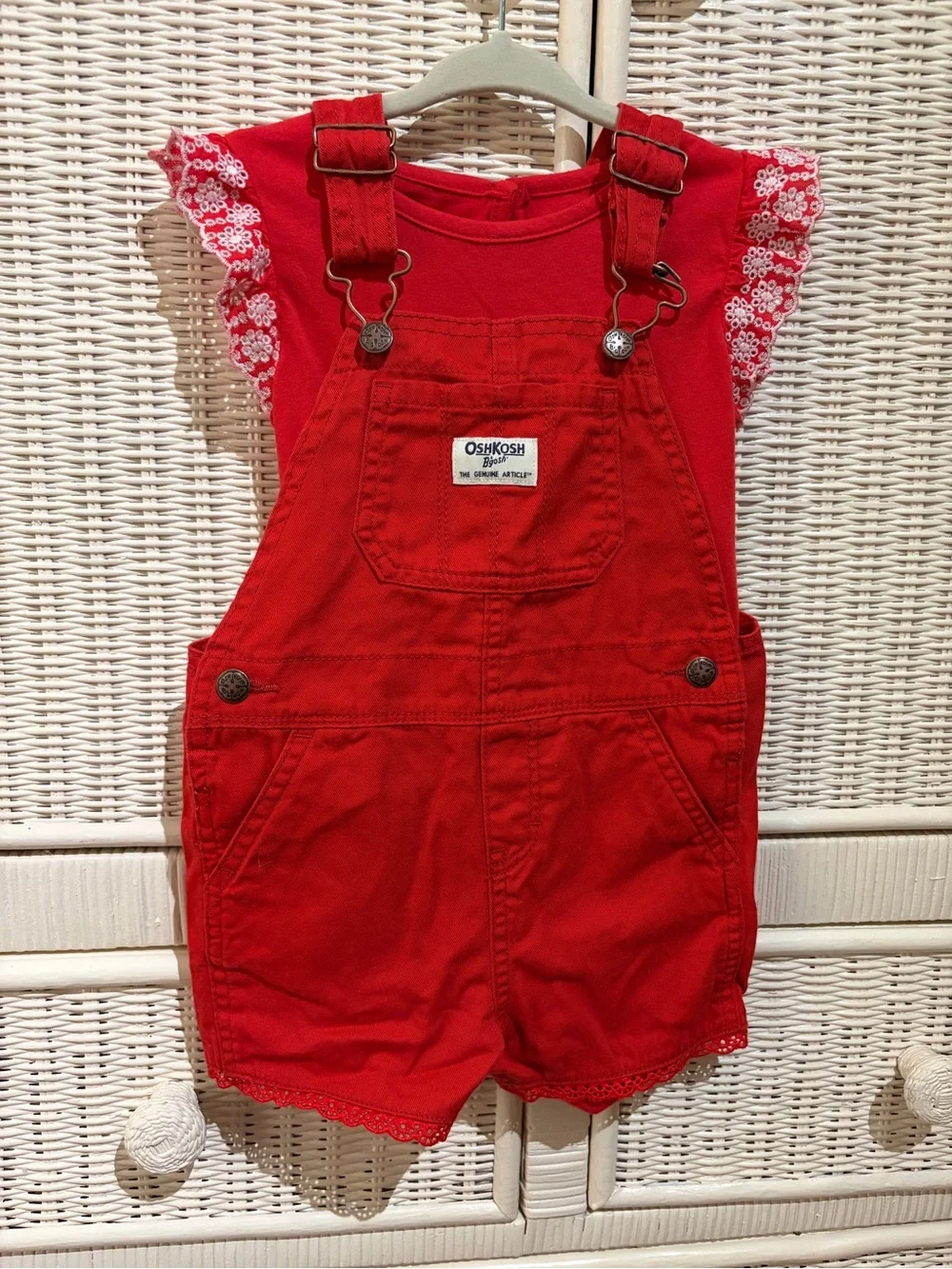 Girls Toddler OshKosh B'gosh Bright Red Shortalls Overalls with Onsie Set 24m